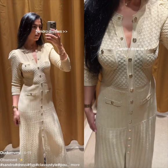 Sandro Ramina VIRAL TIKTOK metallic gold beige puff sleeve knit midi dress - Picture 3 of 9